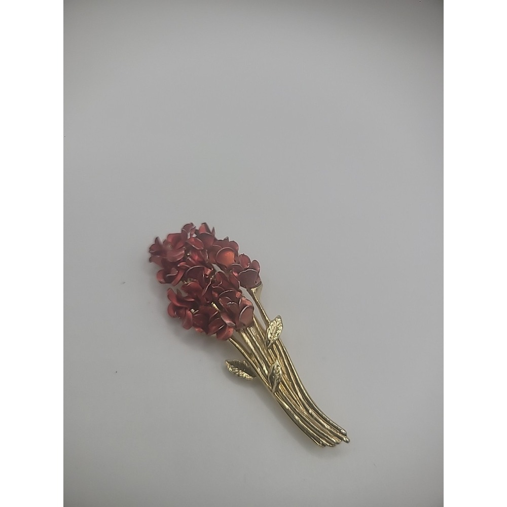 Vintage David Monn Brooch Pin Gold Tone Red Flowers‎ Roses Jewelry Costume